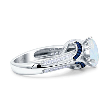 Split Shank Halo Oval Wedding Engagement Ring Blue Sapphire Lab Created White Opal 925 Sterling Silver